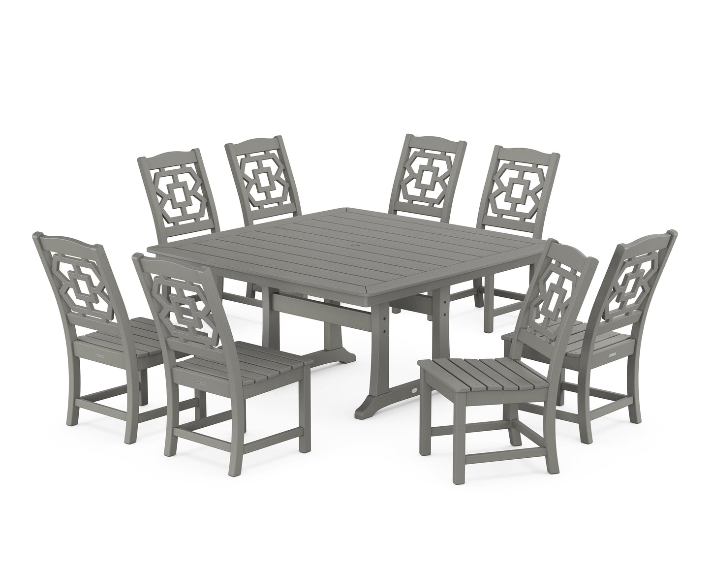 Chinoiserie 9-Piece Square Side Chair Dining Set with Trestle Legs