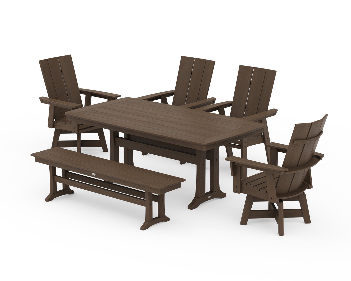 Modern Curveback Adirondack Swivel Chair 6-Piece Dining Set with Trestle Legs and Bench