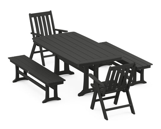 Vineyard Folding Chair 5-Piece Dining Set with Trestle Legs and Benches