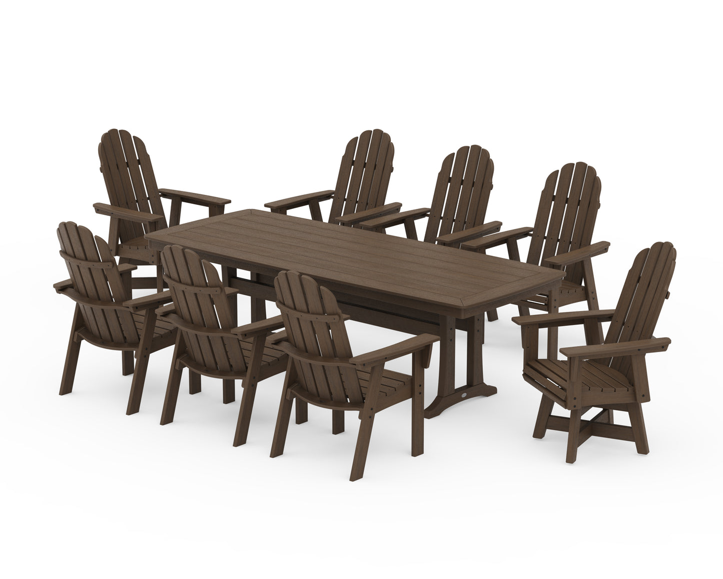Vineyard Curveback Adirondack Swivel 9-Piece Dining Set with Trestle Legs