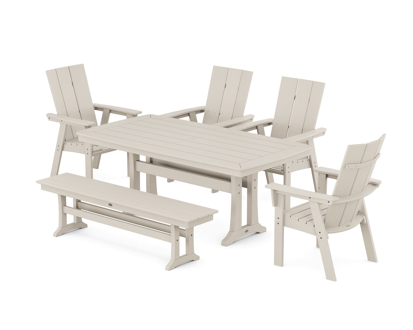 Modern Curveback Adirondack 6-Piece Farmhouse Dining Set with Trestle Legs and Bench