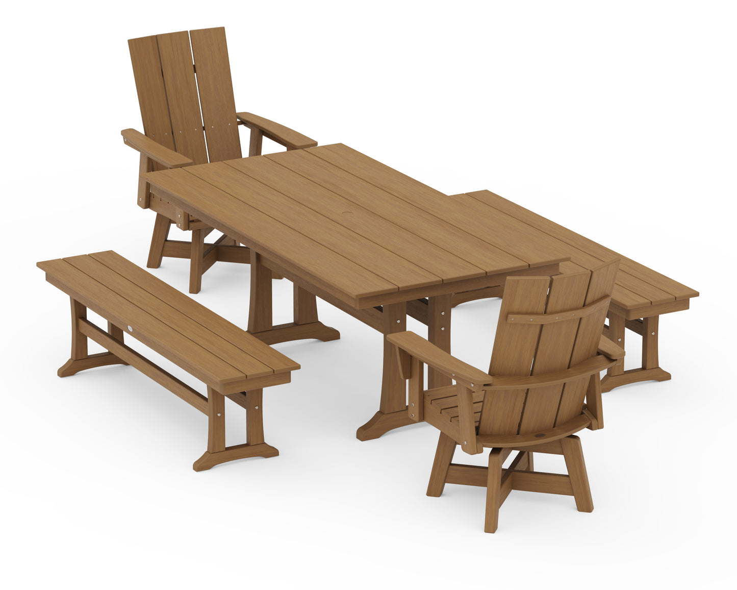 Modern Curveback Adirondack Swivel Chair 5-Piece Farmhouse Dining Set With Trestle Legs and Benches