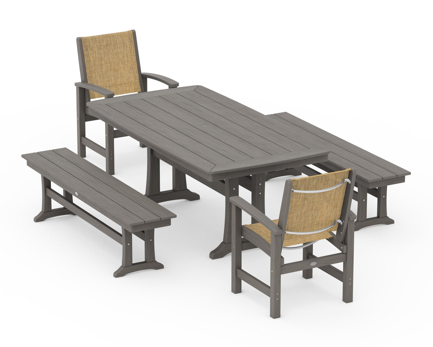 Coastal 5-Piece Dining Set with Trestle Legs and Benches