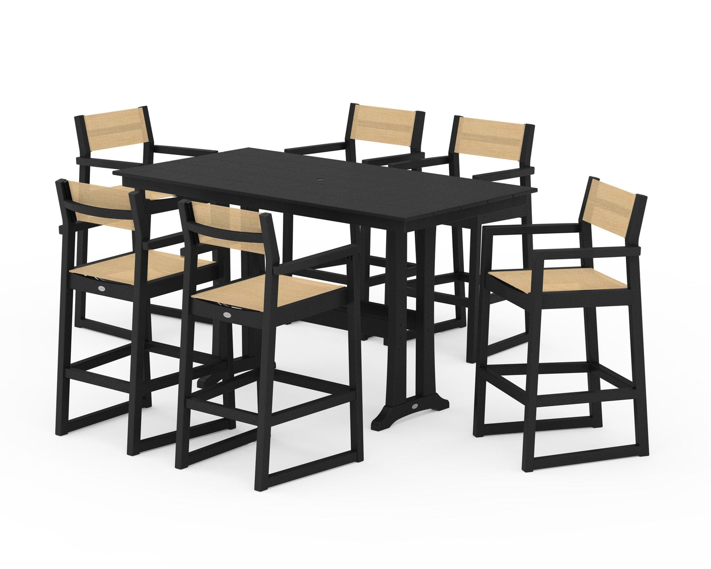 EDGE Sling Arm Chair 7-Piece Farmhouse Bar Set with Trestle Legs