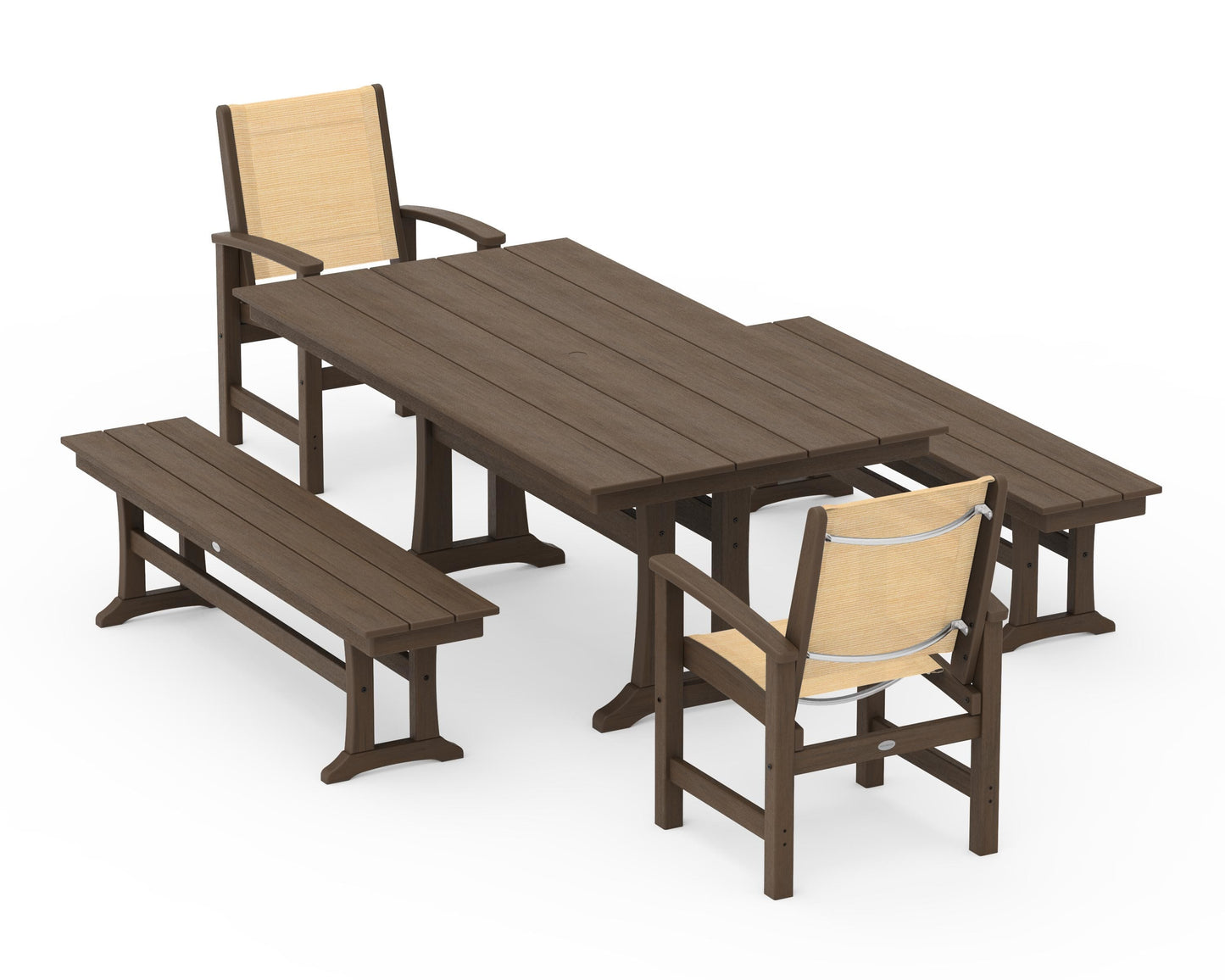 Coastal 5-Piece Farmhouse Dining Set with Trestle Legs and Benches