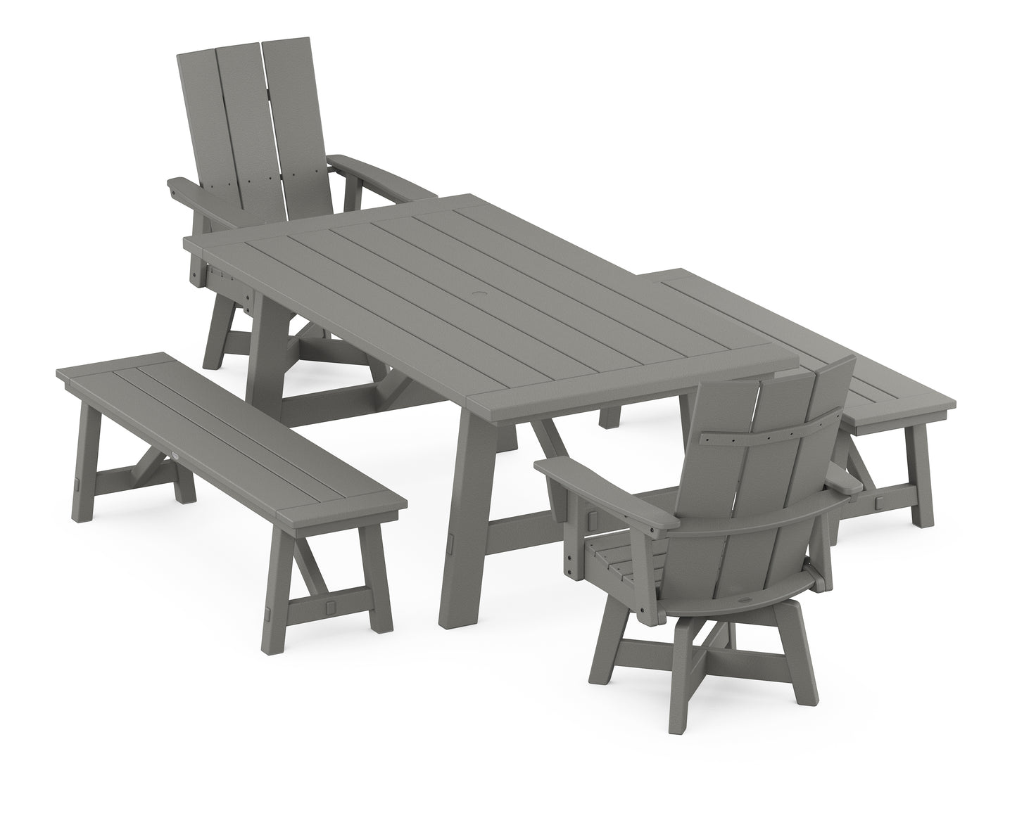 Modern Curveback Adirondack Swivel Chair 5-Piece Rustic Farmhouse Dining Set With Benches