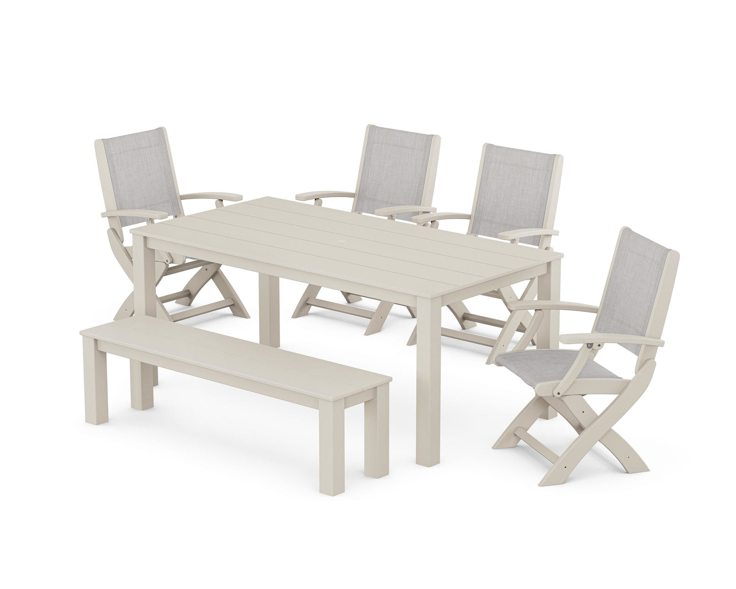 Coastal Folding Chair 6-Piece Parsons Dining Set with Bench