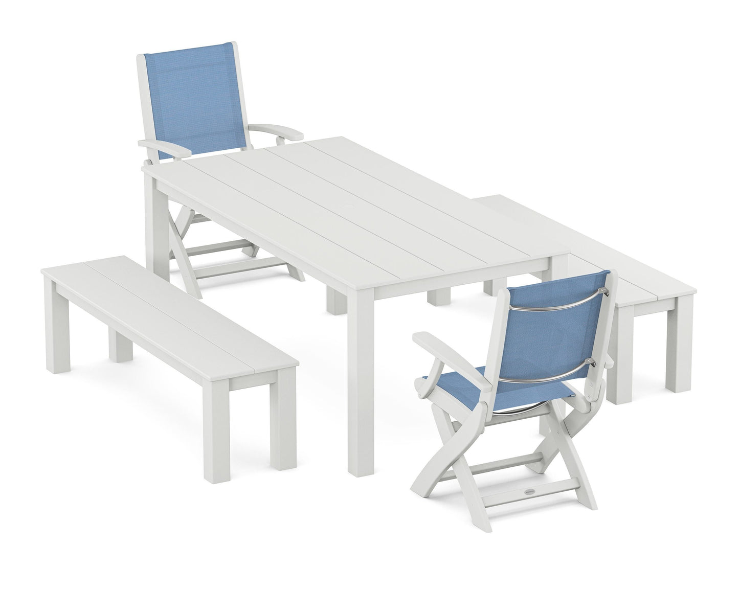 Coastal Folding Chair 5-Piece Parsons Dining Set with Benches