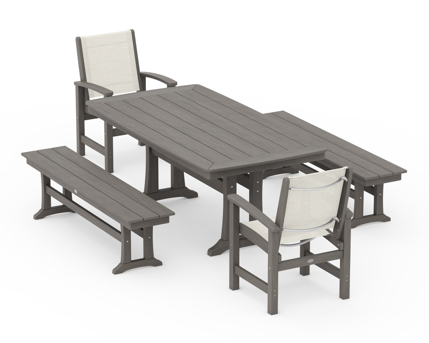 Coastal 5-Piece Dining Set with Trestle Legs and Benches