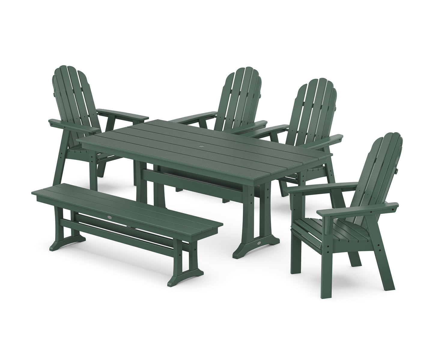 Vineyard Curveback Adirondack Chair 6-Piece Farmhouse Dining Set with Trestle Legs and Bench