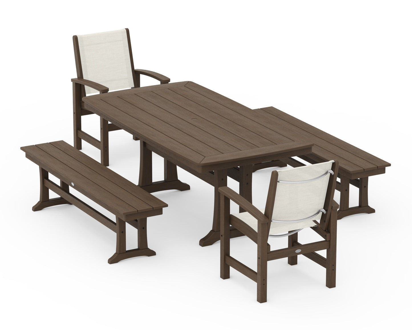 Coastal 5-Piece Dining Set with Trestle Legs and Benches