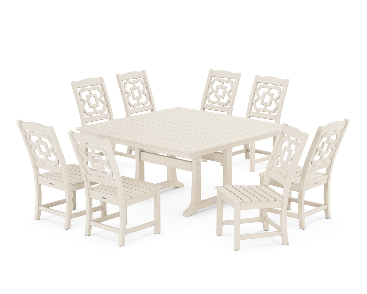 Chinoiserie 9-Piece Square Side Chair Dining Set with Trestle Legs