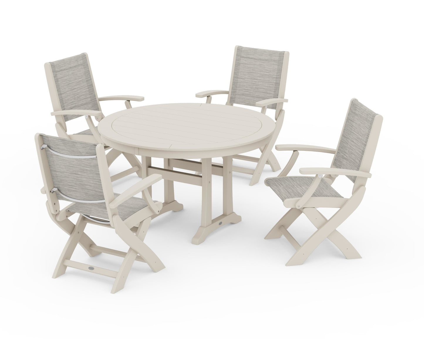 Coastal Folding Chair 5-Piece Round Dining Set with Trestle Legs