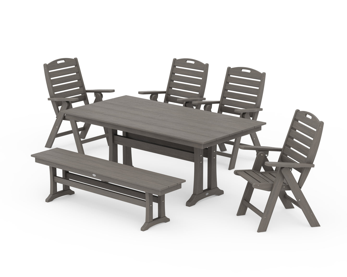 Nautical Highback 6-Piece Farmhouse Dining Set with Trestle Legs and Bench