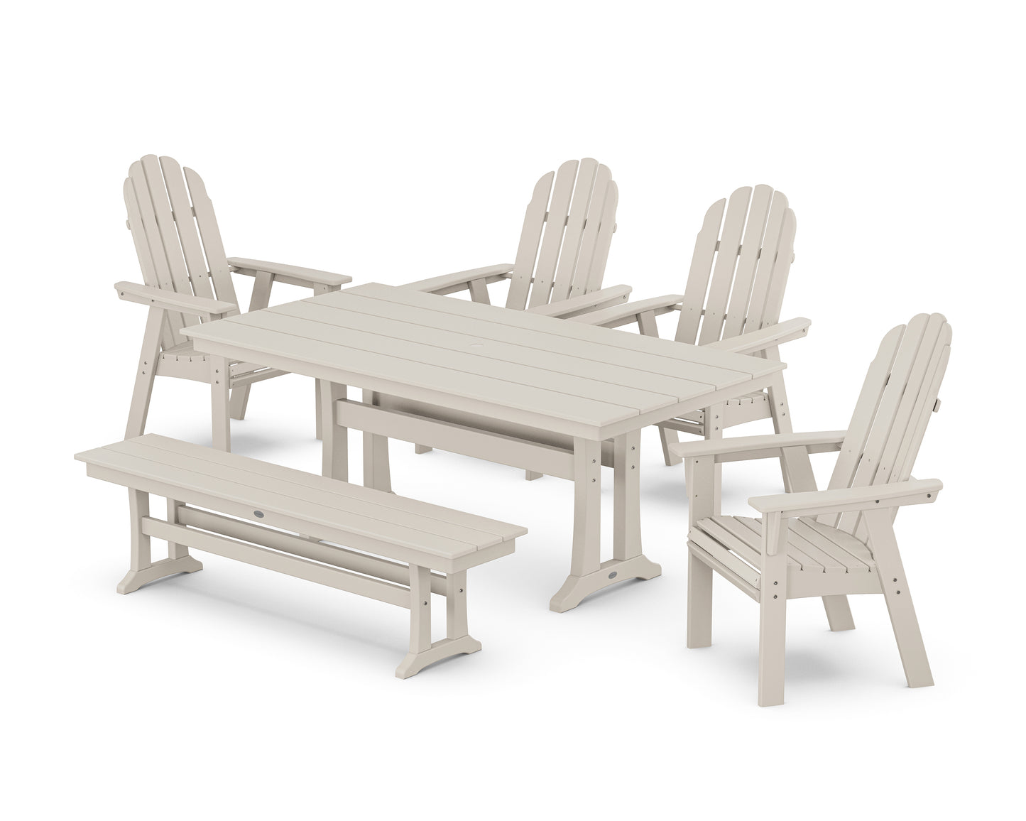 Vineyard Curveback Adirondack Chair 6-Piece Farmhouse Dining Set with Trestle Legs and Bench
