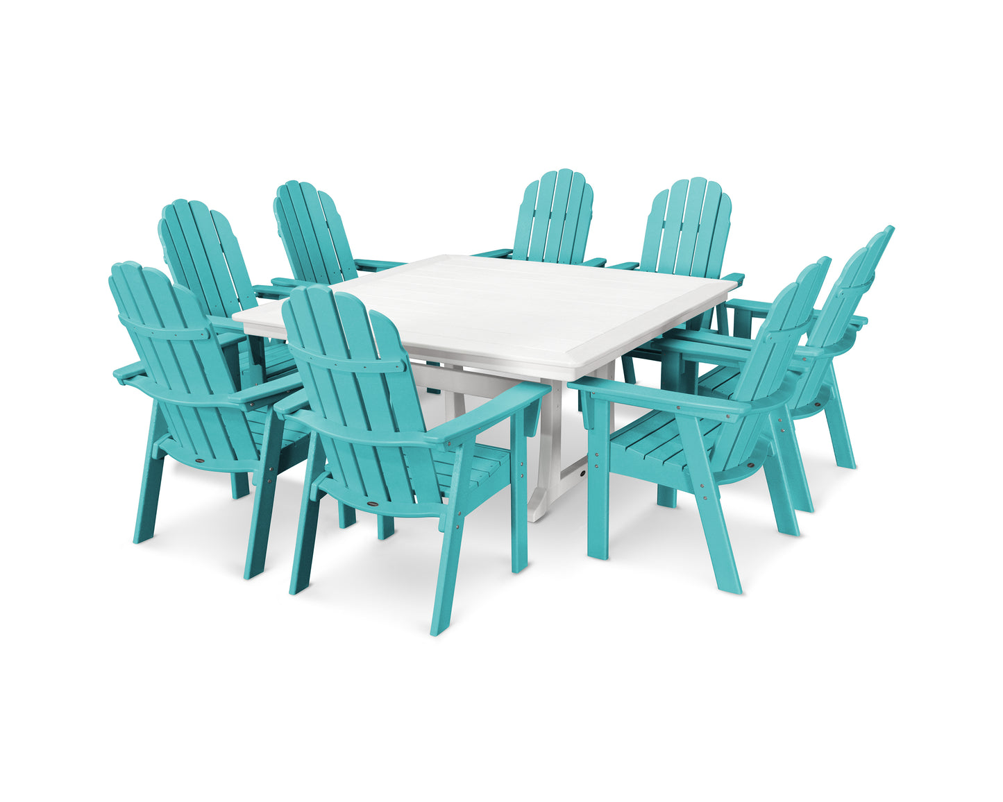 Vineyard Curveback Adirondack 9-Piece Nautical Trestle Dining Set