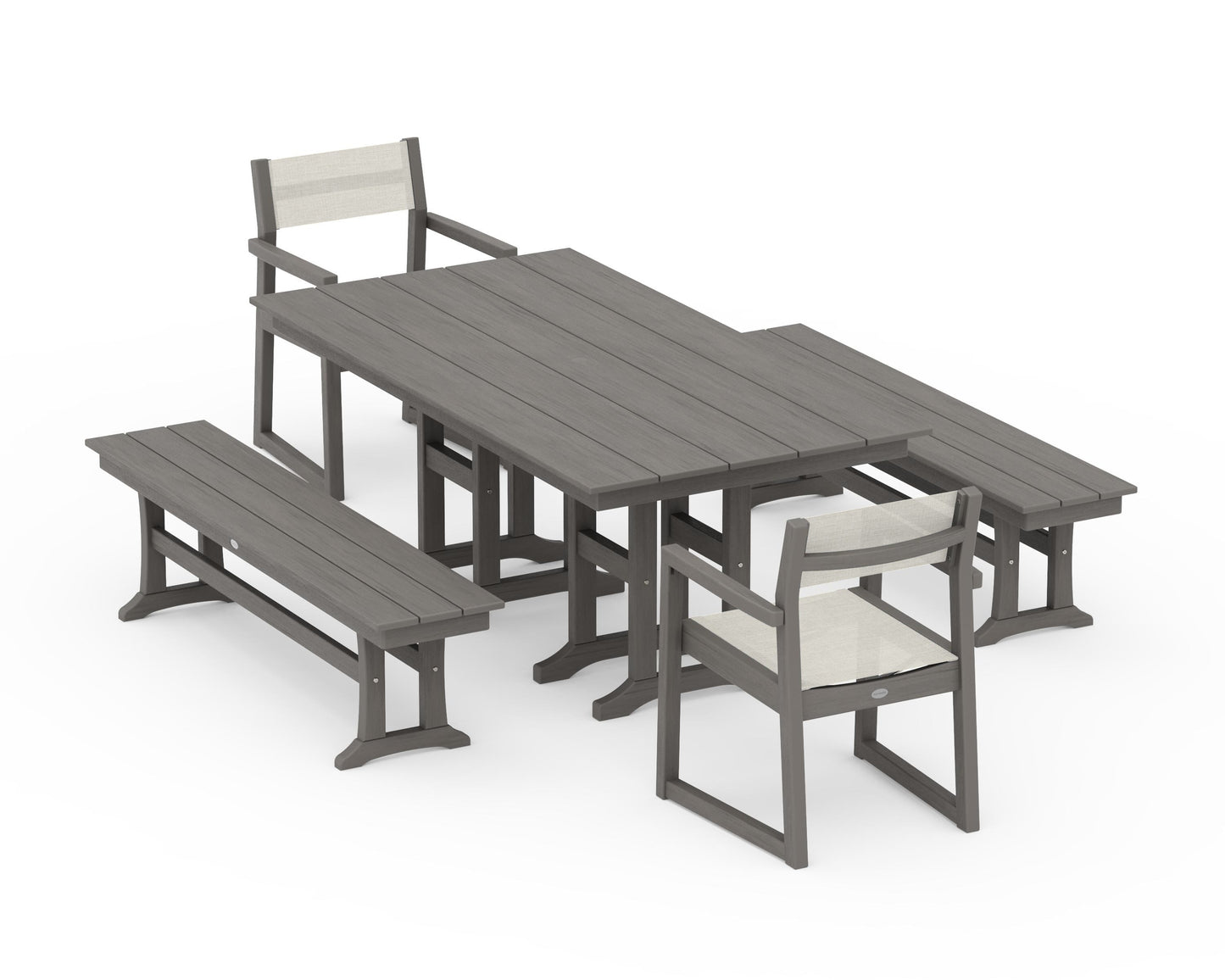 EDGE Sling Arm Chair 5-Piece Farmhouse Dining Set with Benches