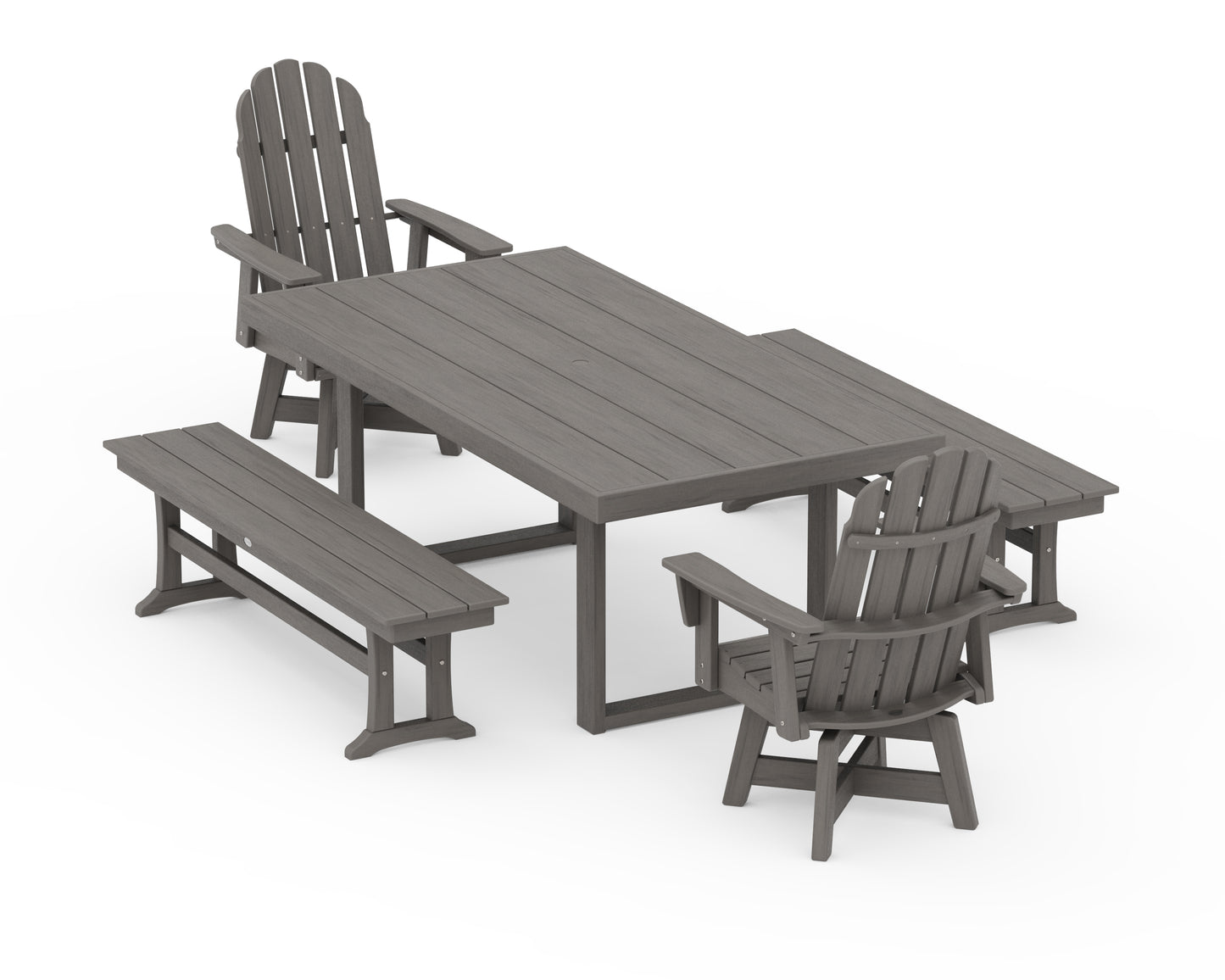 Vineyard Curveback Adirondack Swivel Chair 5-Piece Dining Set with Benches