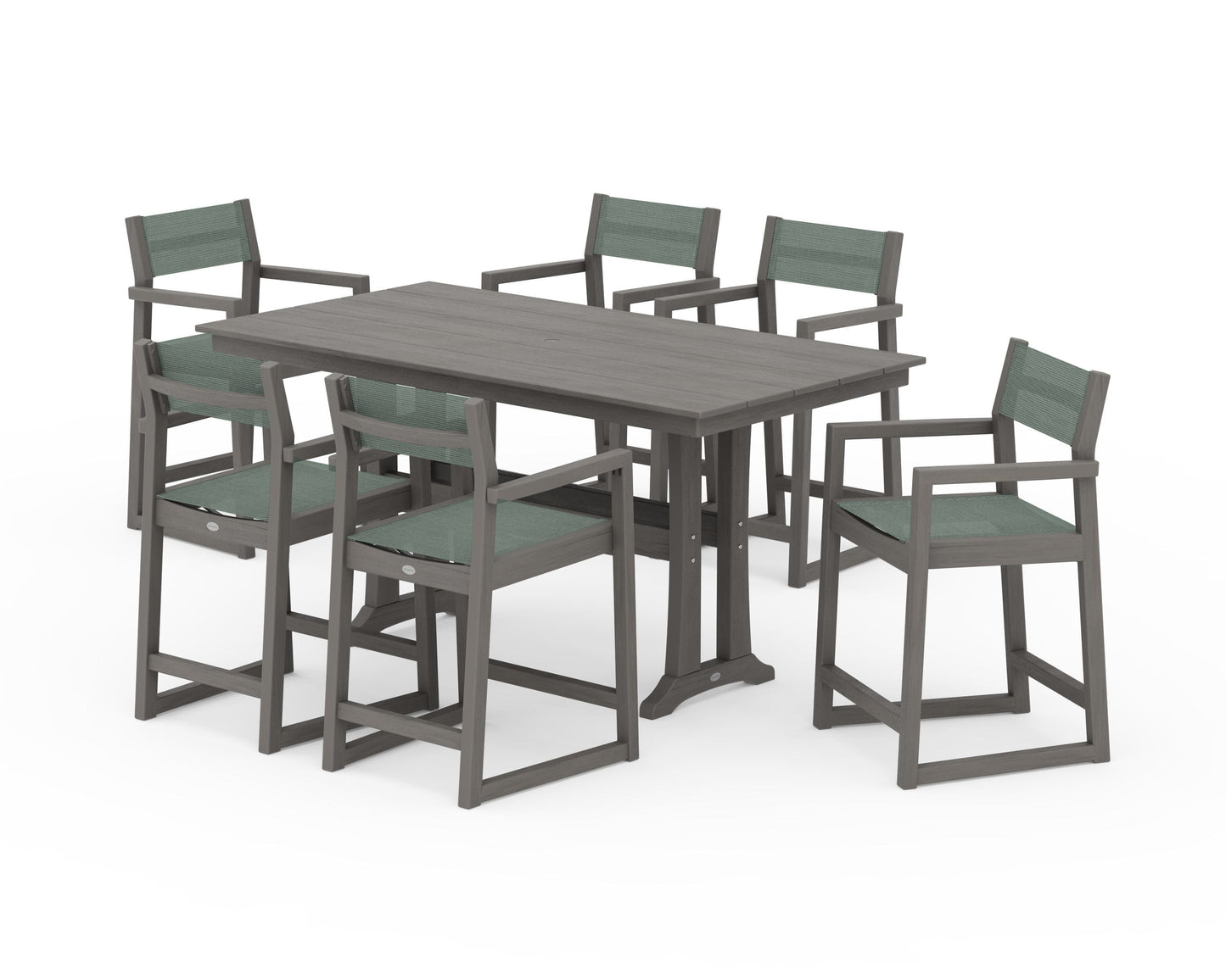 EDGE Sling Arm Chair 7-Piece Farmhouse Counter Set with Trestle Legs