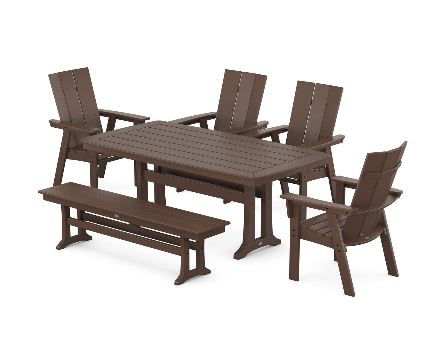 Modern Curveback Adirondack 6-Piece Farmhouse Dining Set with Trestle Legs and Bench