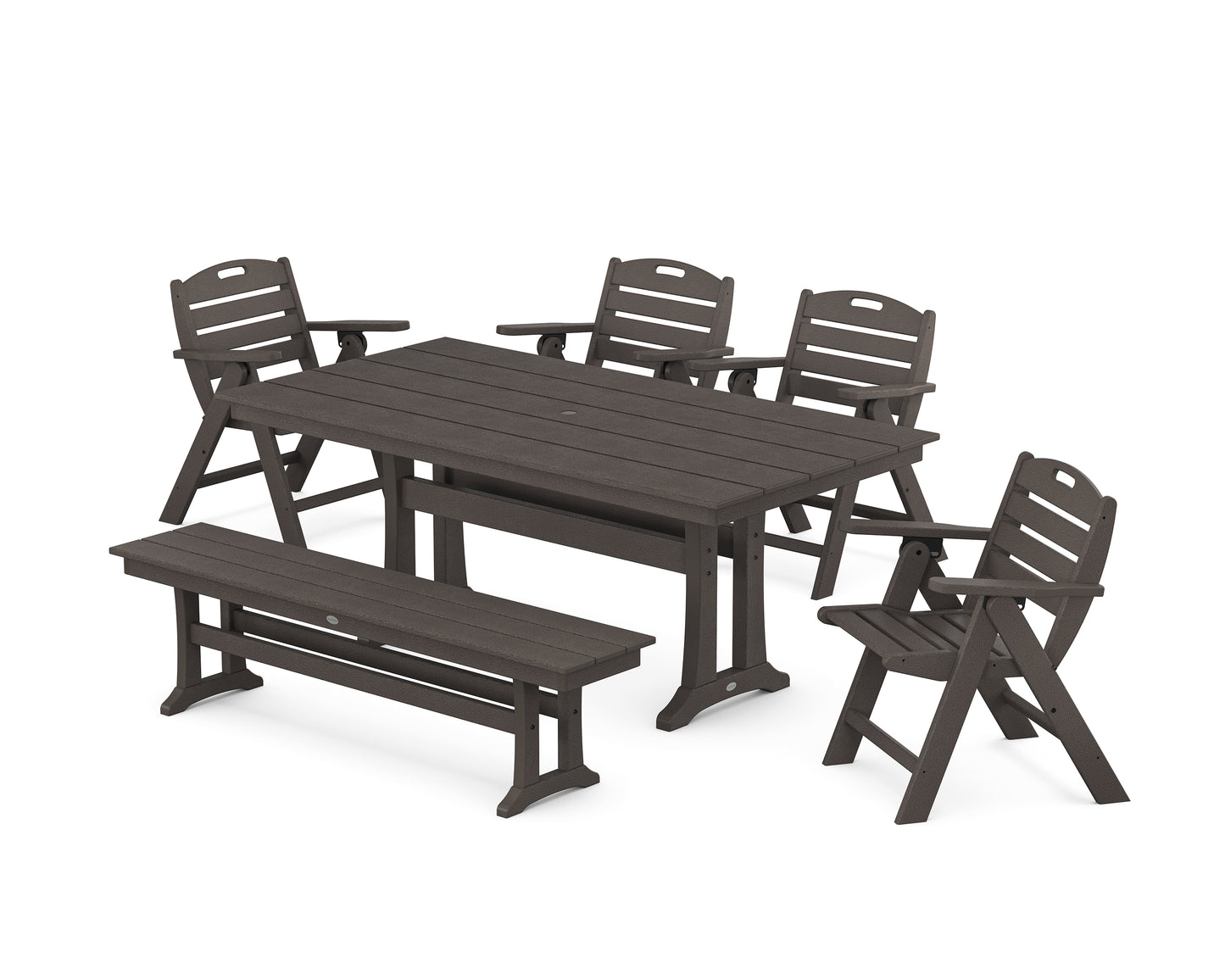 Nautical Lowback 6-Piece Farmhouse Dining Set with Trestle Legs and Bench