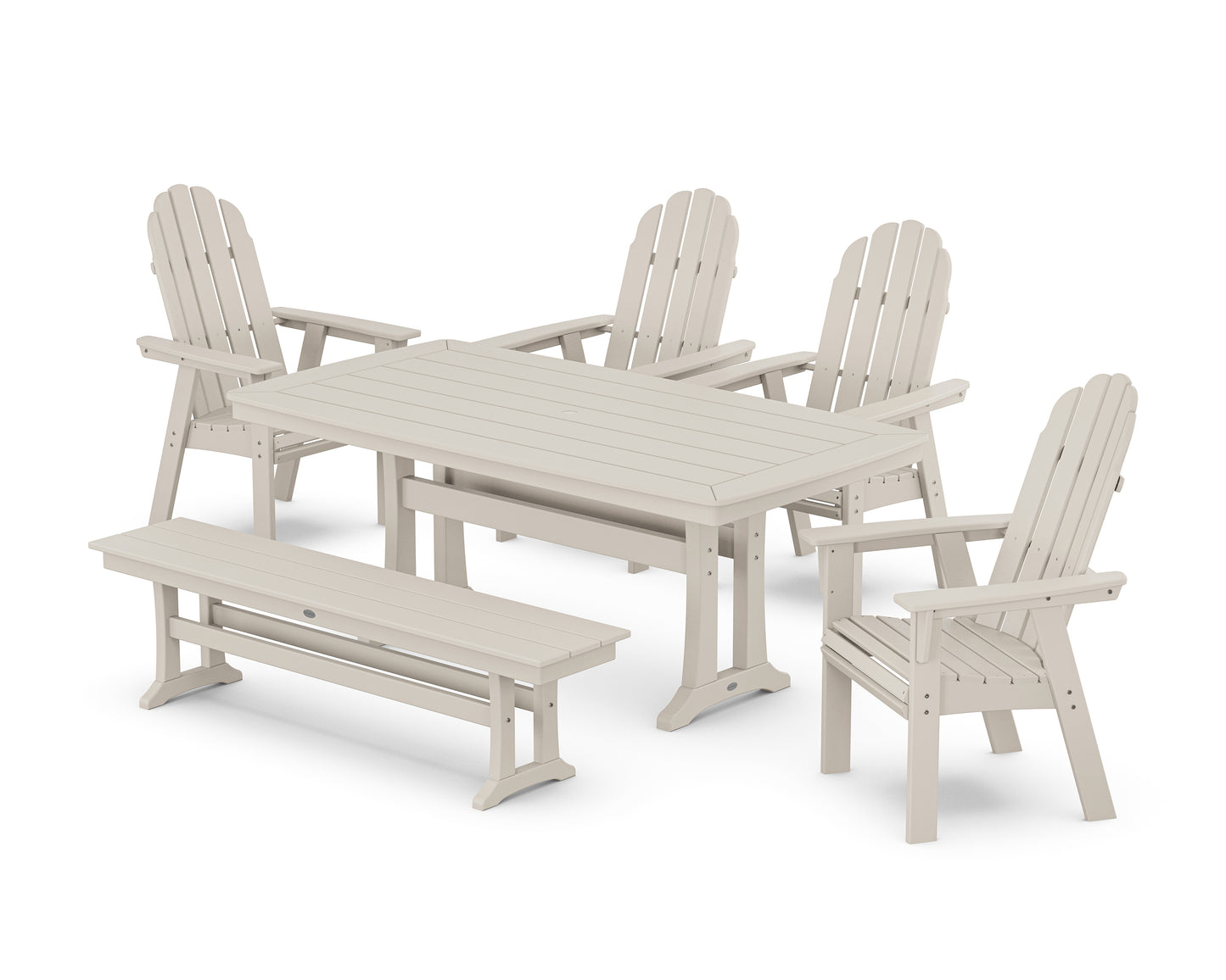 Vineyard Curveback Adirondack Chair 6-Piece Dining Set with Trestle Legs and Bench