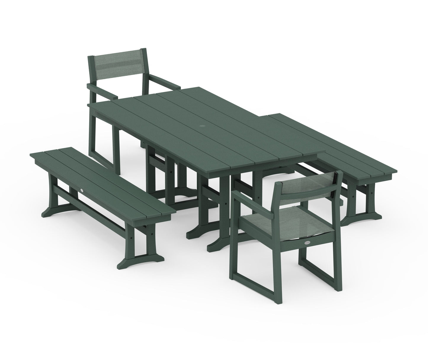 EDGE Sling Arm Chair 5-Piece Farmhouse Dining Set with Benches