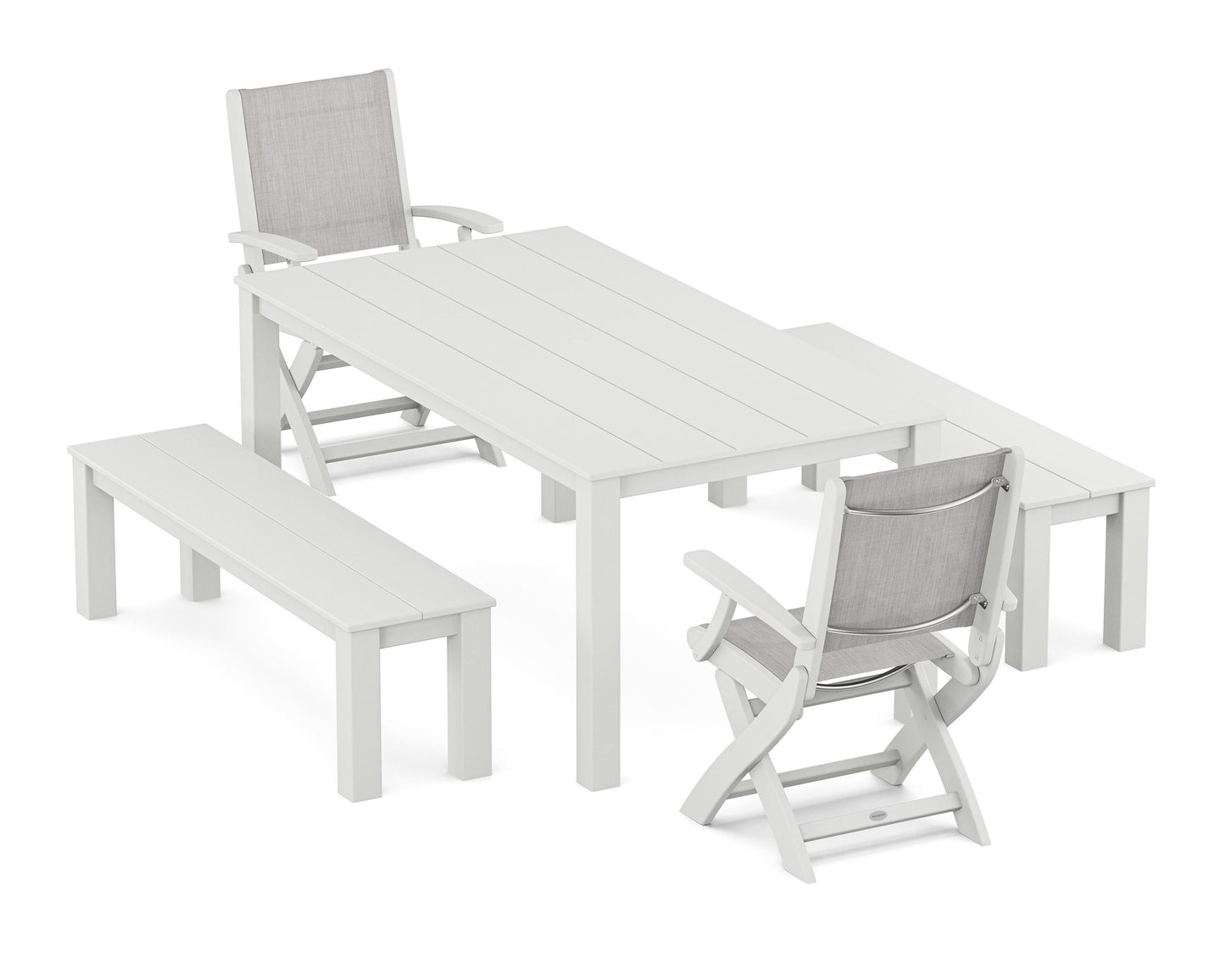 Coastal Folding Chair 5-Piece Parsons Dining Set with Benches