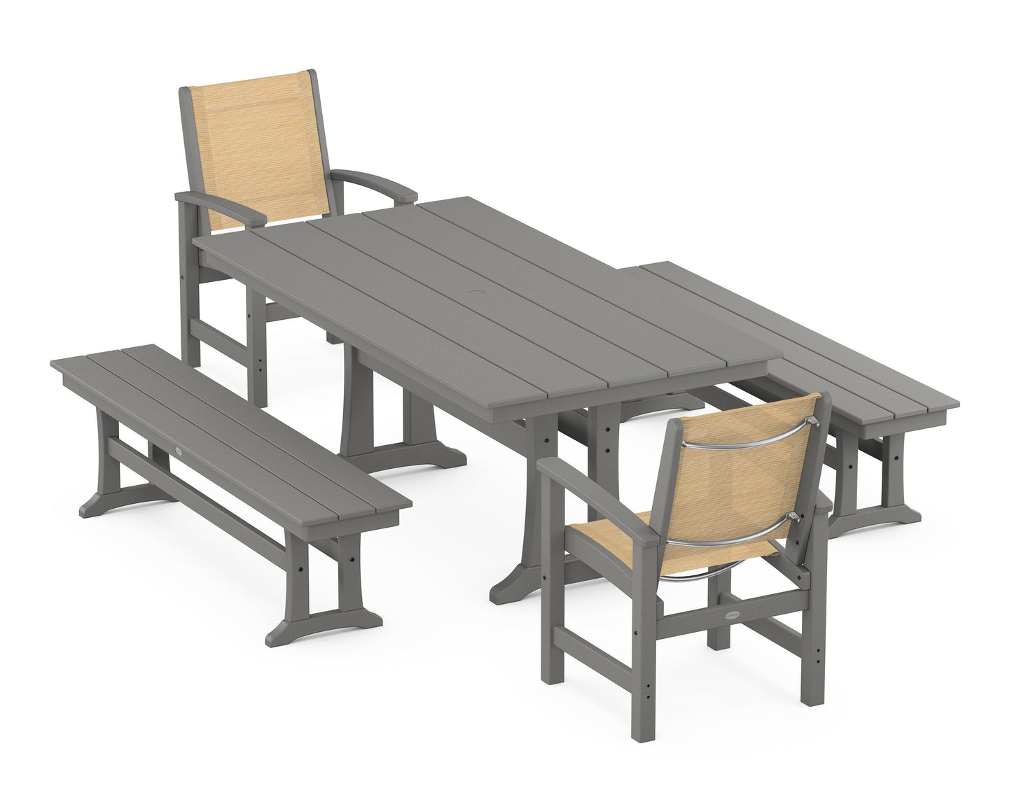 Coastal 5-Piece Farmhouse Dining Set with Trestle Legs and Benches