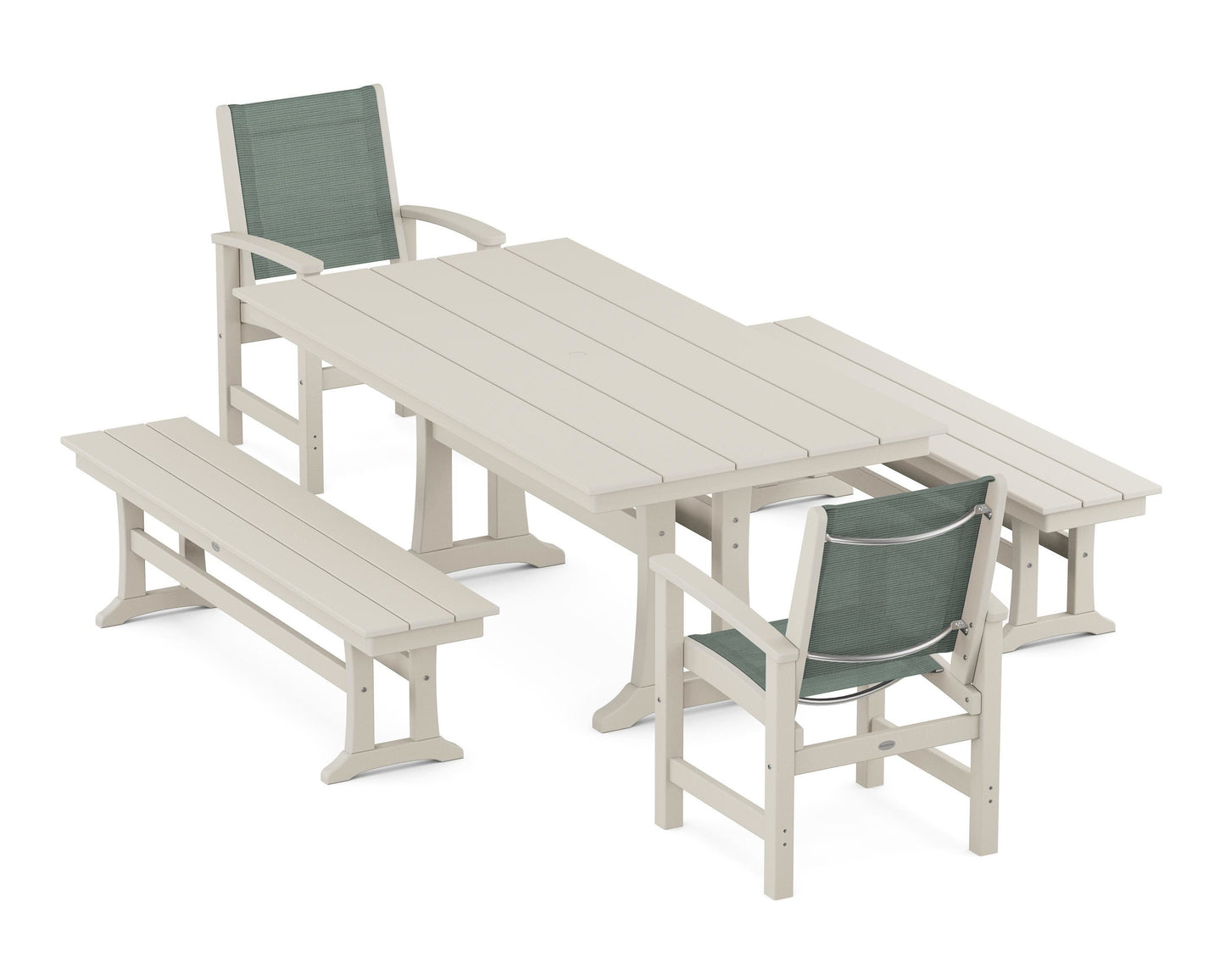Coastal 5-Piece Farmhouse Dining Set with Trestle Legs and Benches