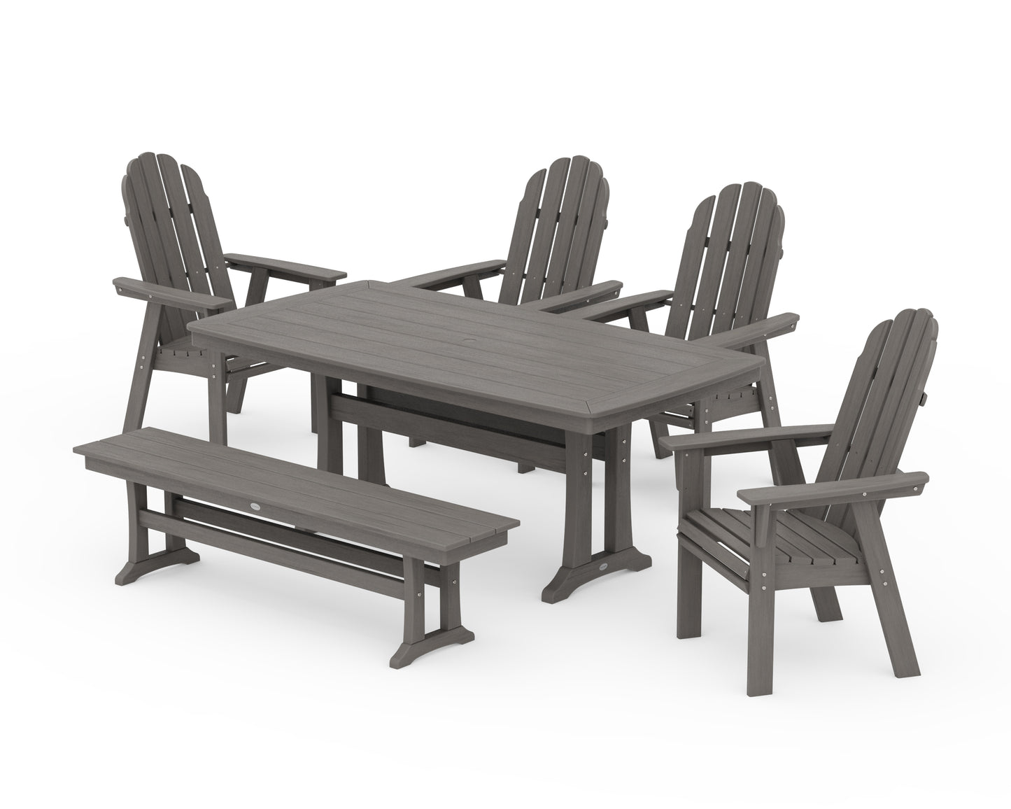 Vineyard Curveback Adirondack Chair 6-Piece Dining Set with Trestle Legs and Bench