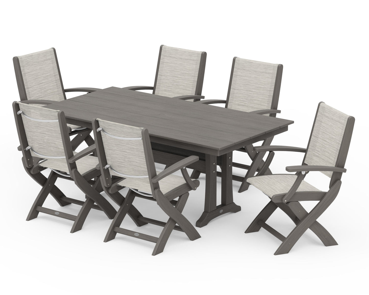 Coastal Folding Arm Chair 7-Piece Farmhouse Dining Set with Trestle Legs