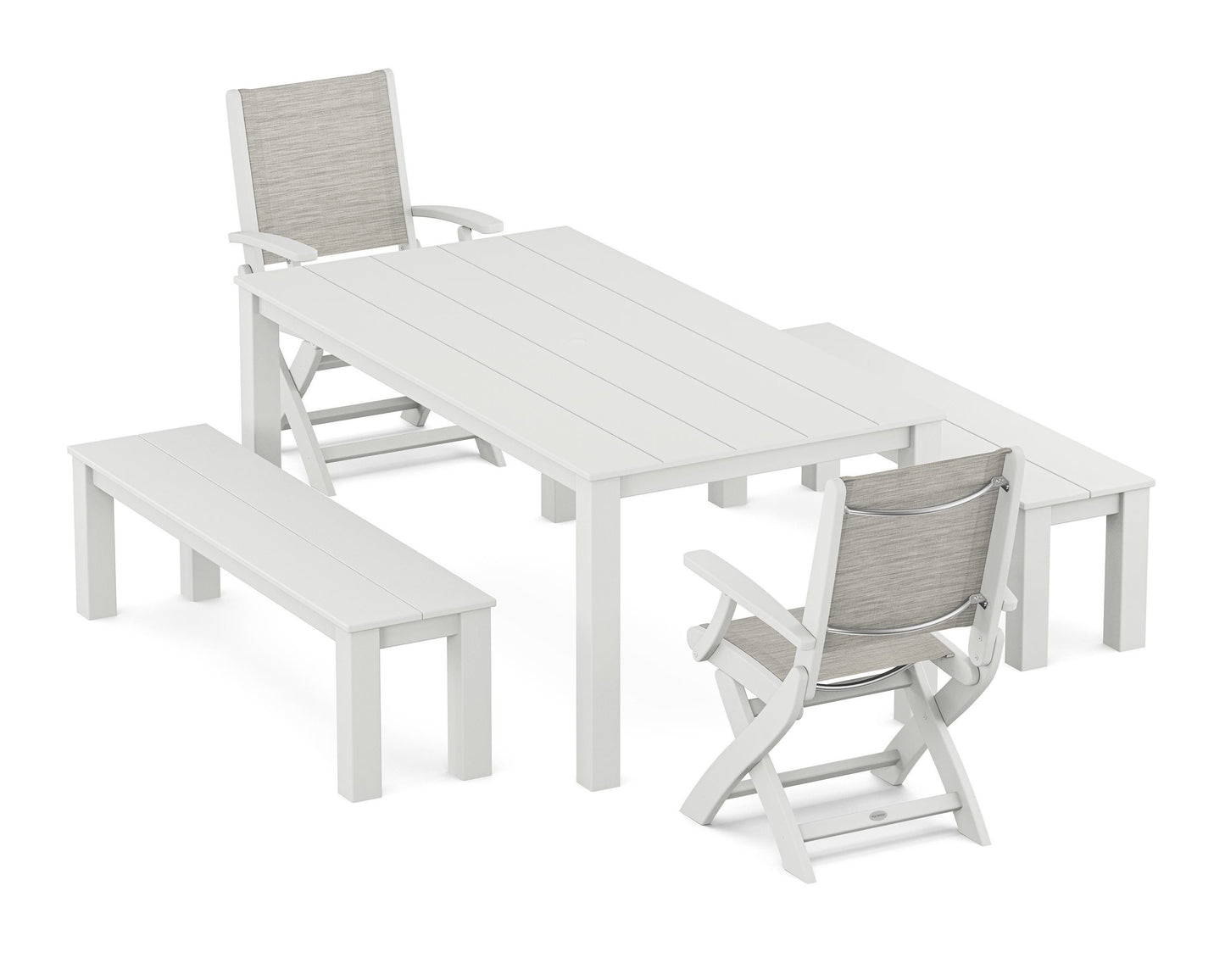 Coastal Folding Chair 5-Piece Parsons Dining Set with Benches