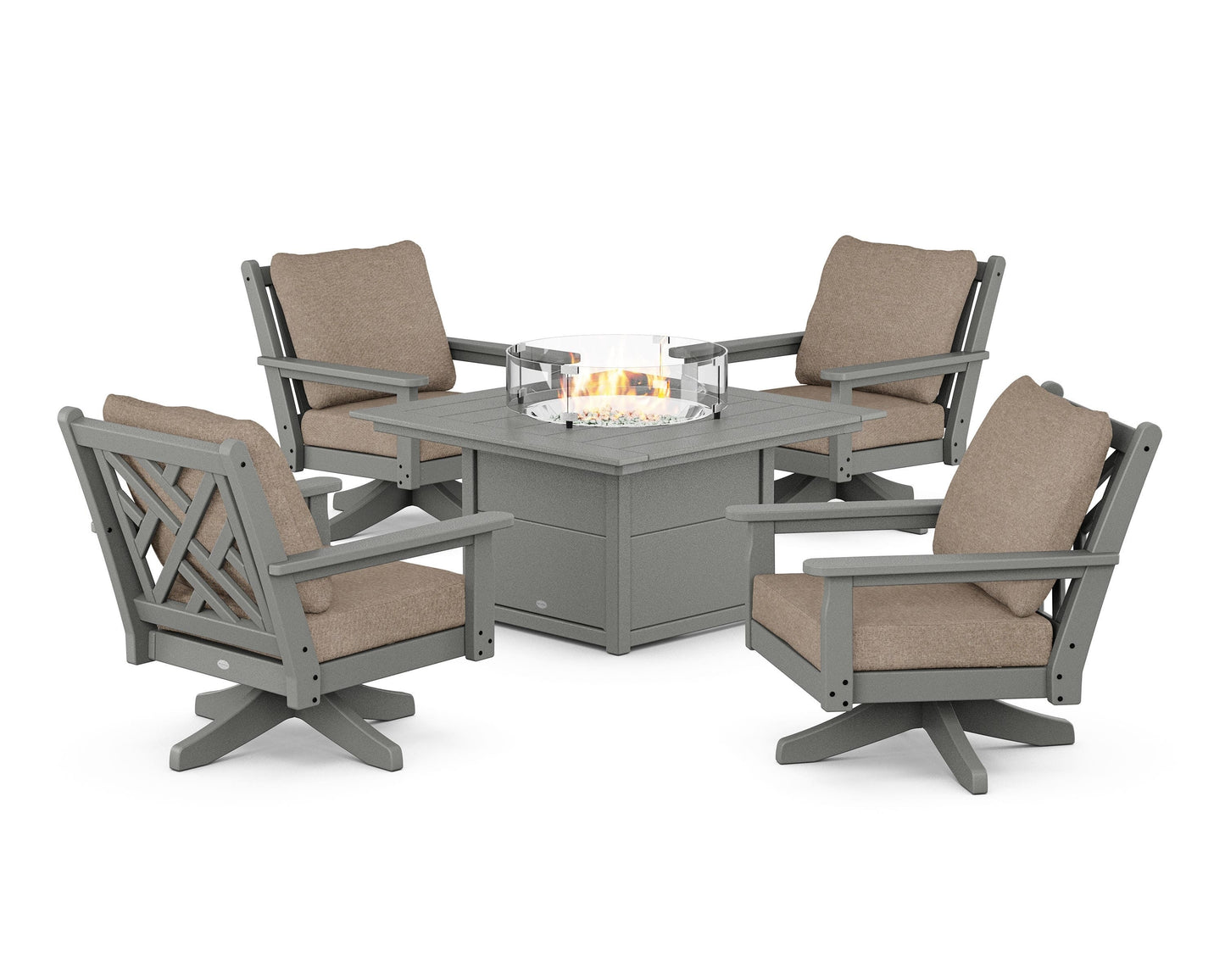 Chippendale 5-Piece Deep Seating Swivel Conversation Set with Fire Pit Table