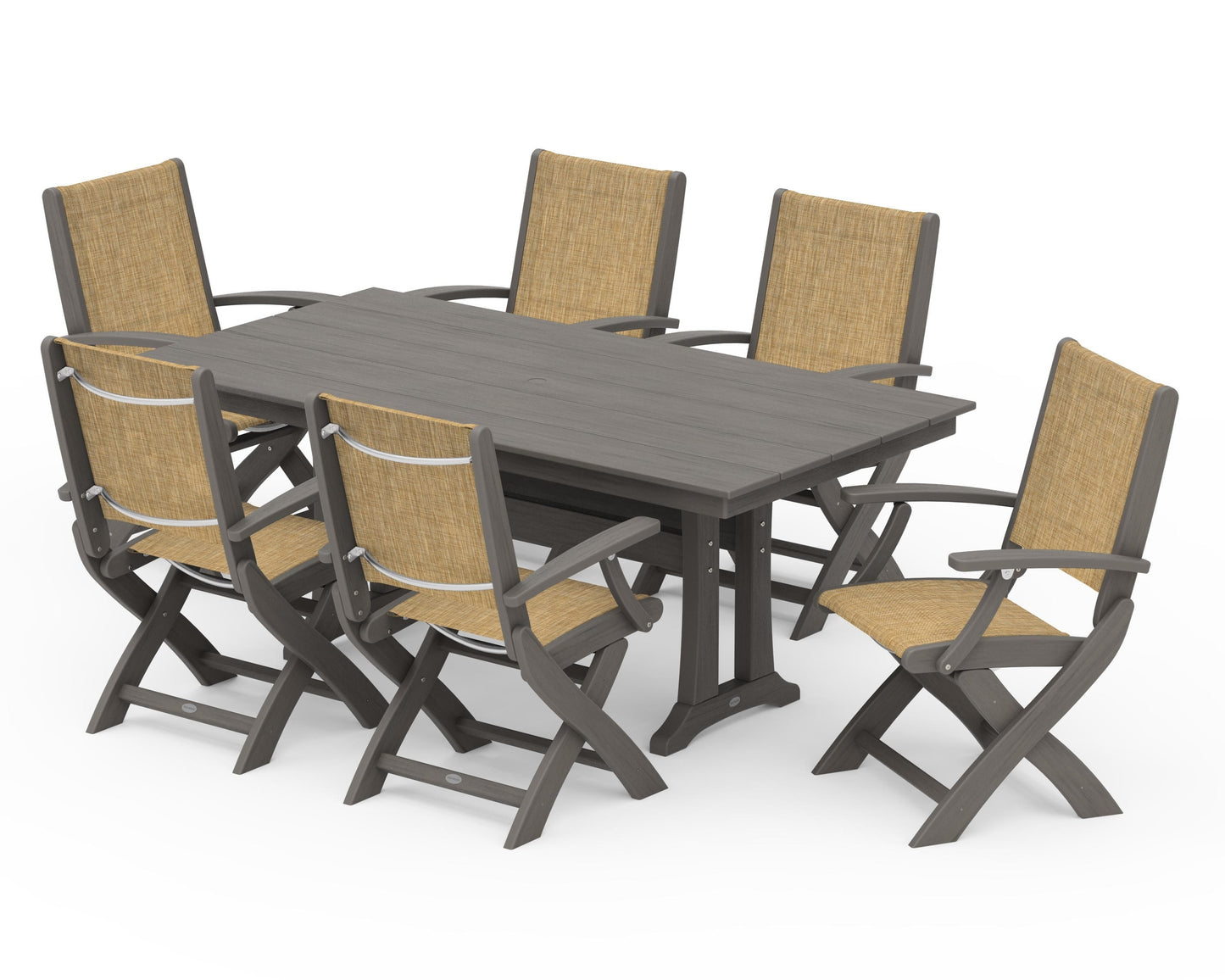 Coastal Folding Arm Chair 7-Piece Farmhouse Dining Set with Trestle Legs
