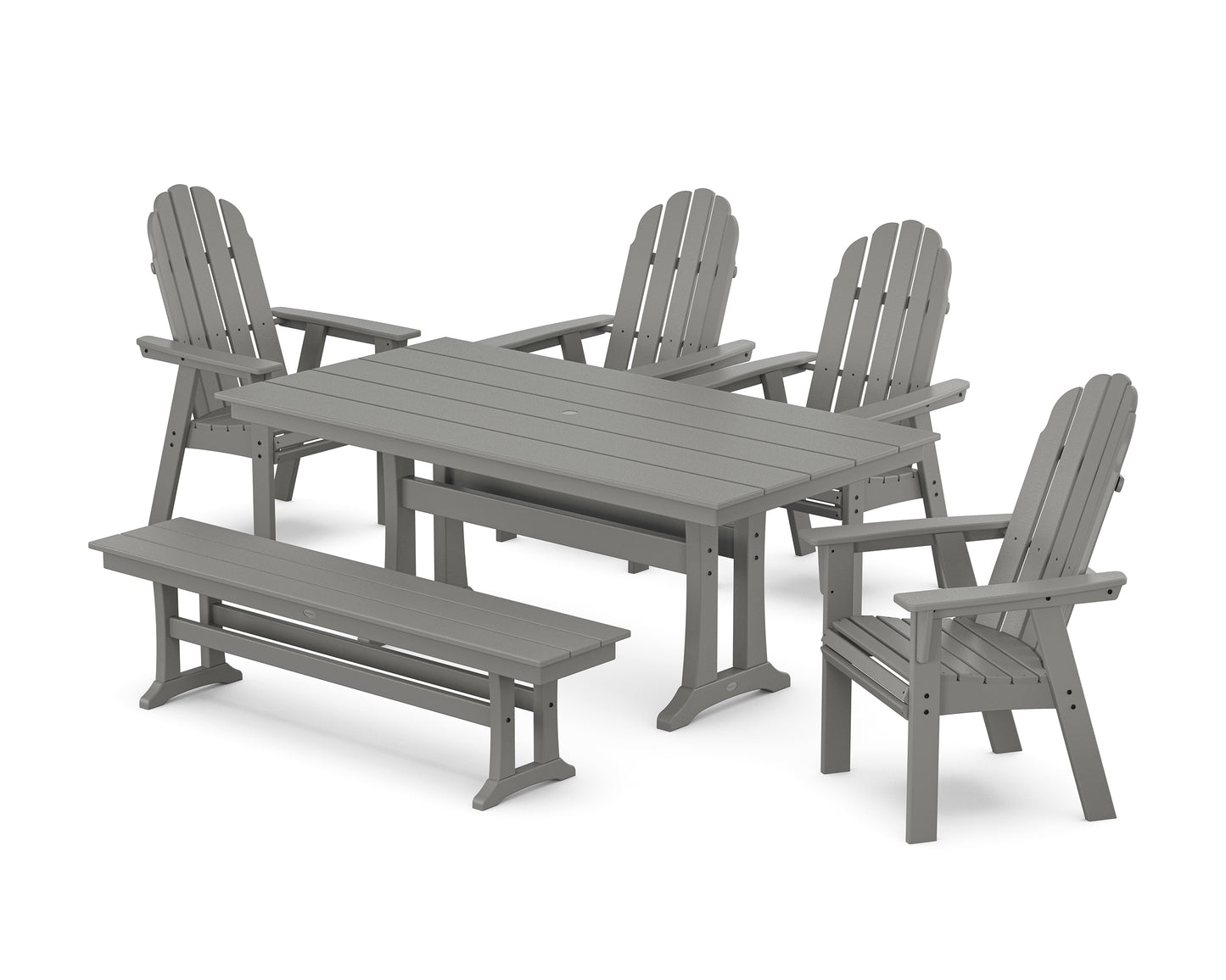 Vineyard Curveback Adirondack Chair 6-Piece Farmhouse Dining Set with Trestle Legs and Bench