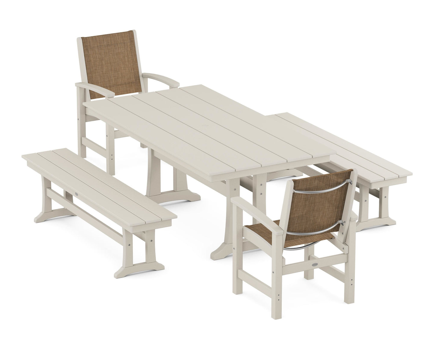 Coastal 5-Piece Farmhouse Dining Set with Trestle Legs and Benches