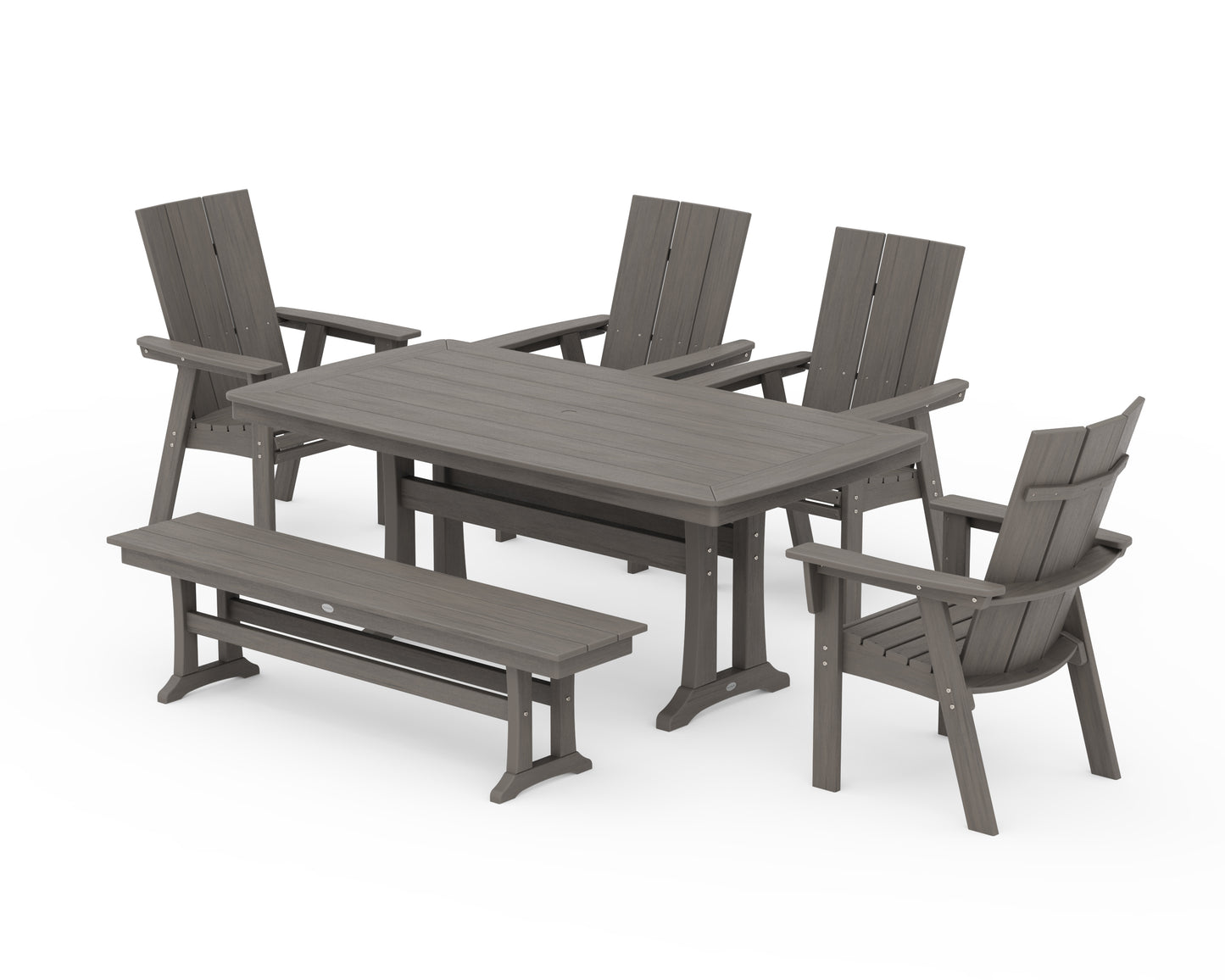 Modern Curveback Adirondack 6-Piece Farmhouse Dining Set with Trestle Legs and Bench
