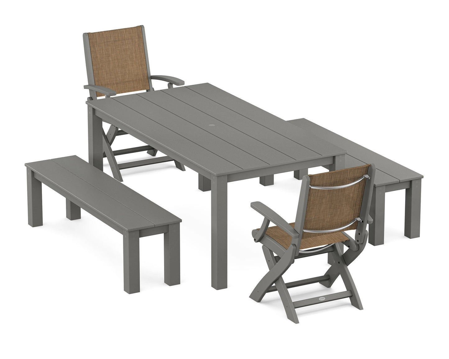 Coastal Folding Chair 5-Piece Parsons Dining Set with Benches