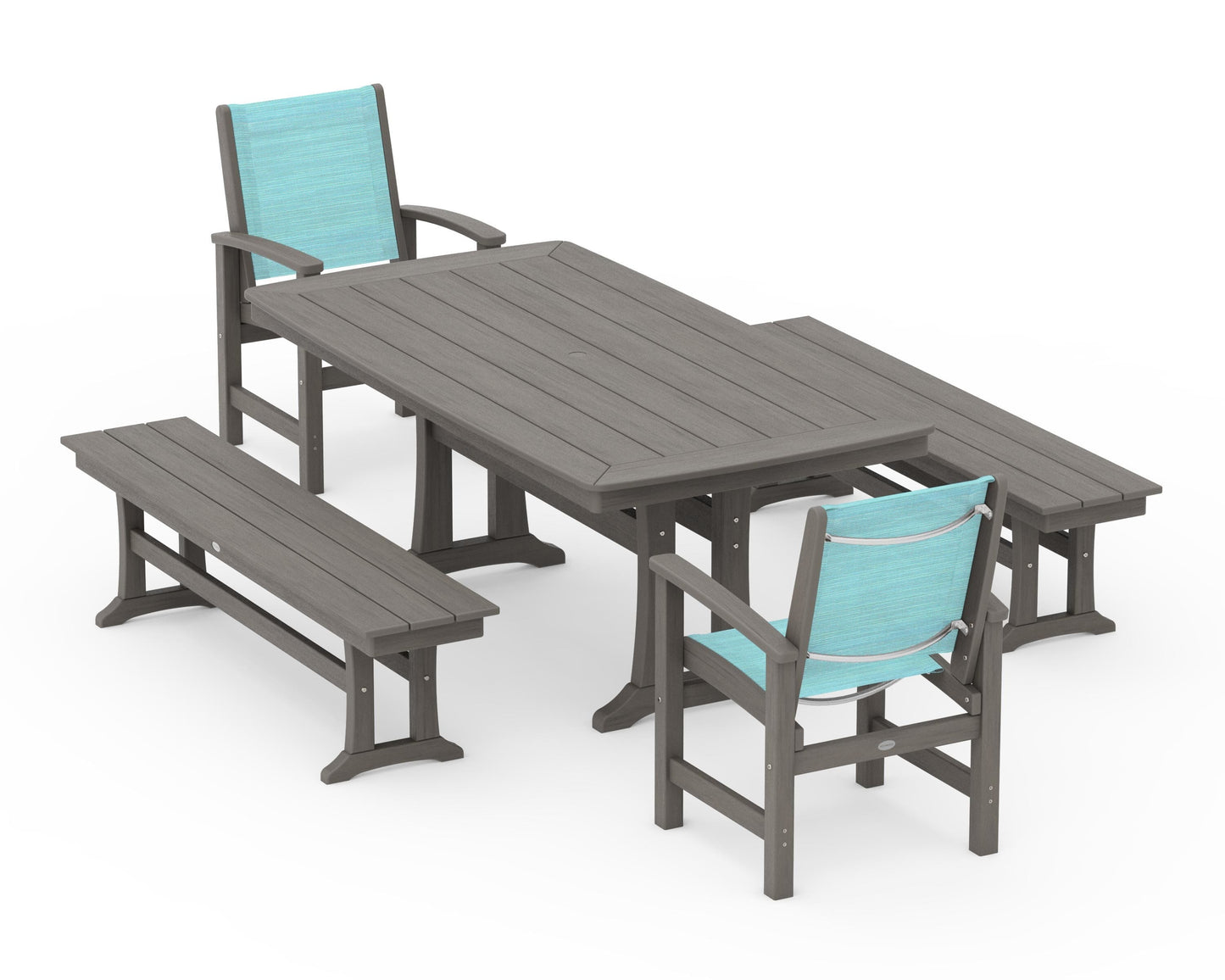 Coastal 5-Piece Dining Set with Trestle Legs and Benches