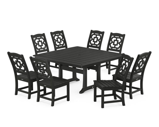 Chinoiserie 9-Piece Square Side Chair Dining Set with Trestle Legs