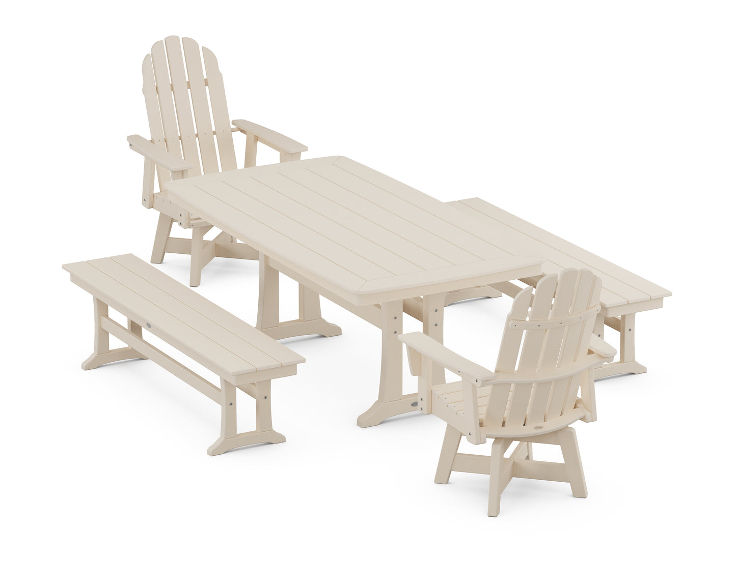 Vineyard Adirondack Swivel Chair 5-Piece Dining Set with Trestle Legs and Benches