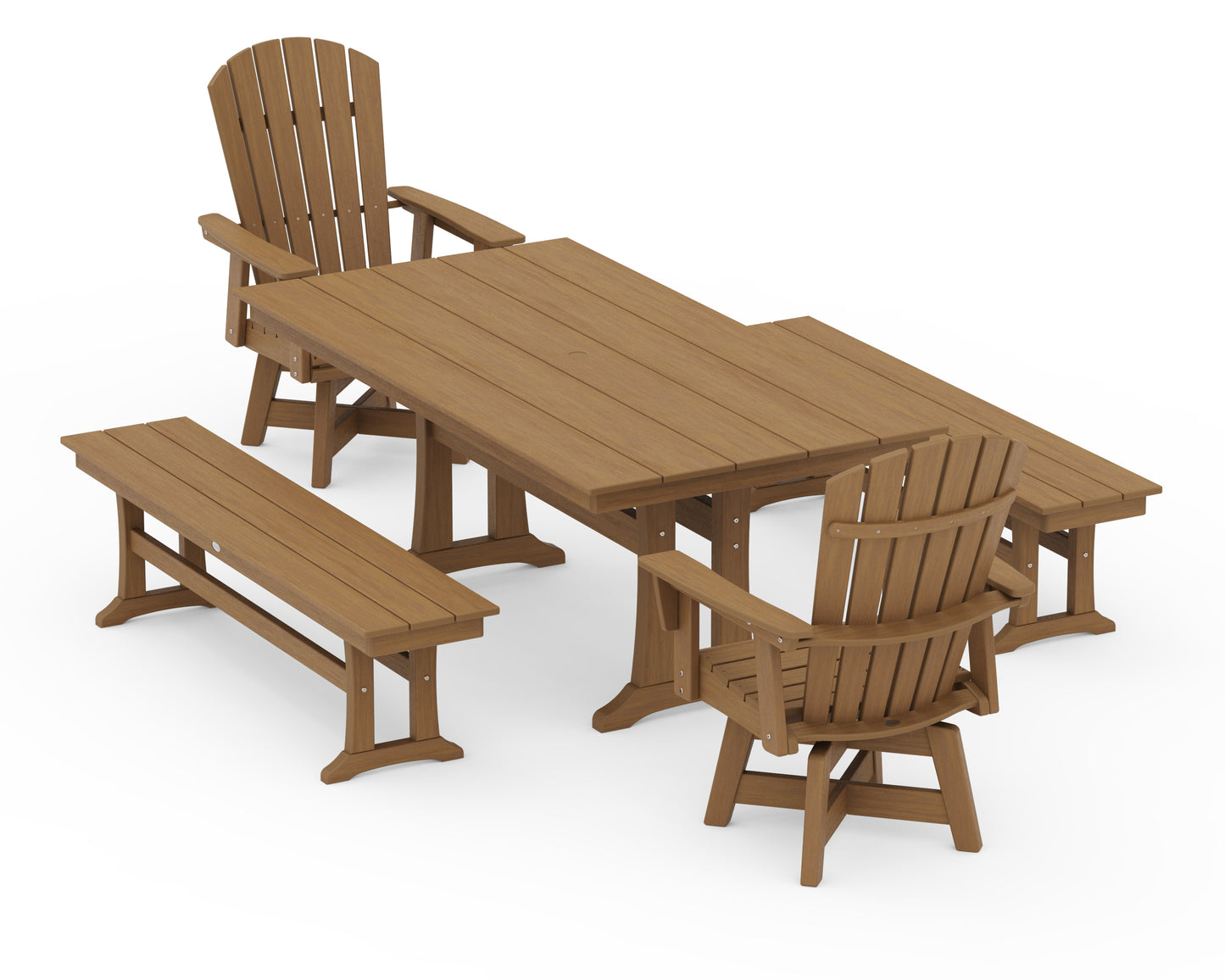 Nautical Curveback Adirondack Swivel Chair 5-Piece Farmhouse Dining Set With Trestle Legs and Benches