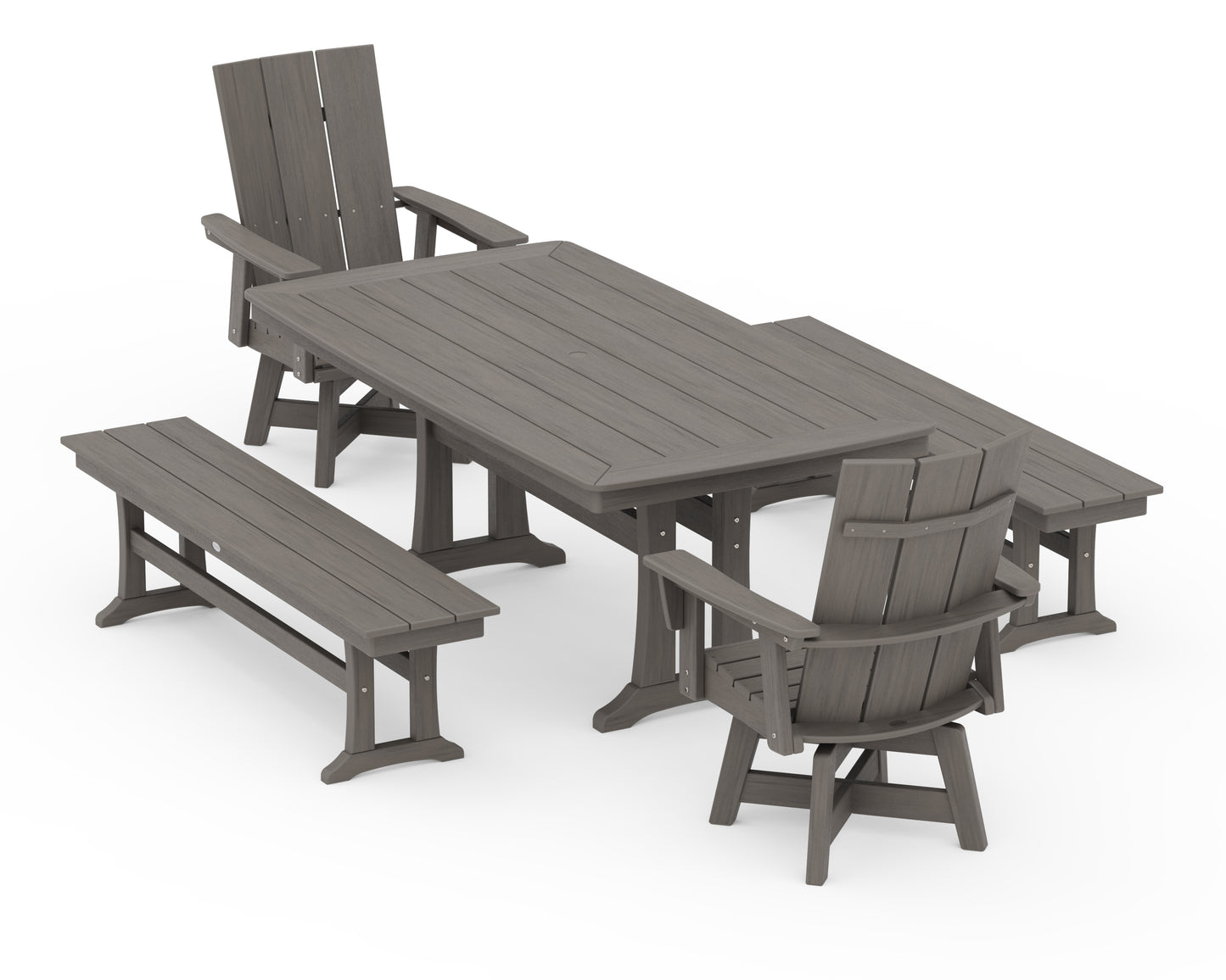Modern Curveback Adirondack Swivel Chair 5-Piece Dining Set with Trestle Legs and Benches