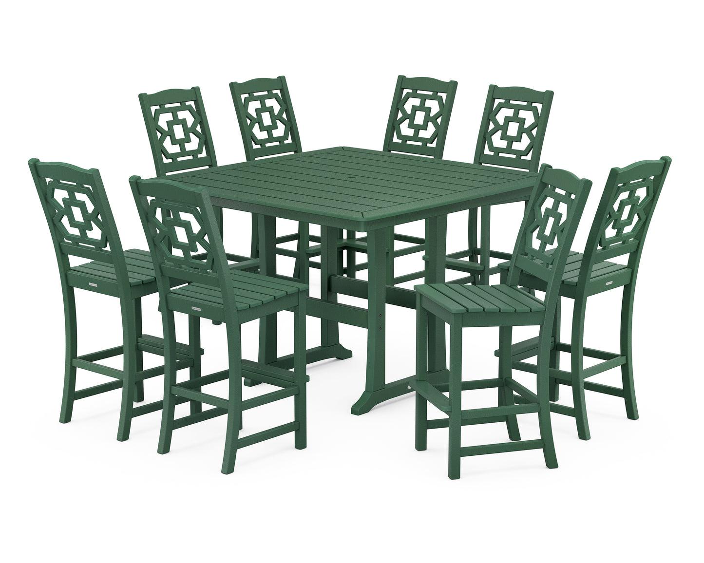 Chinoiserie 9-Piece Square Side Chair Bar Set with Trestle Legs