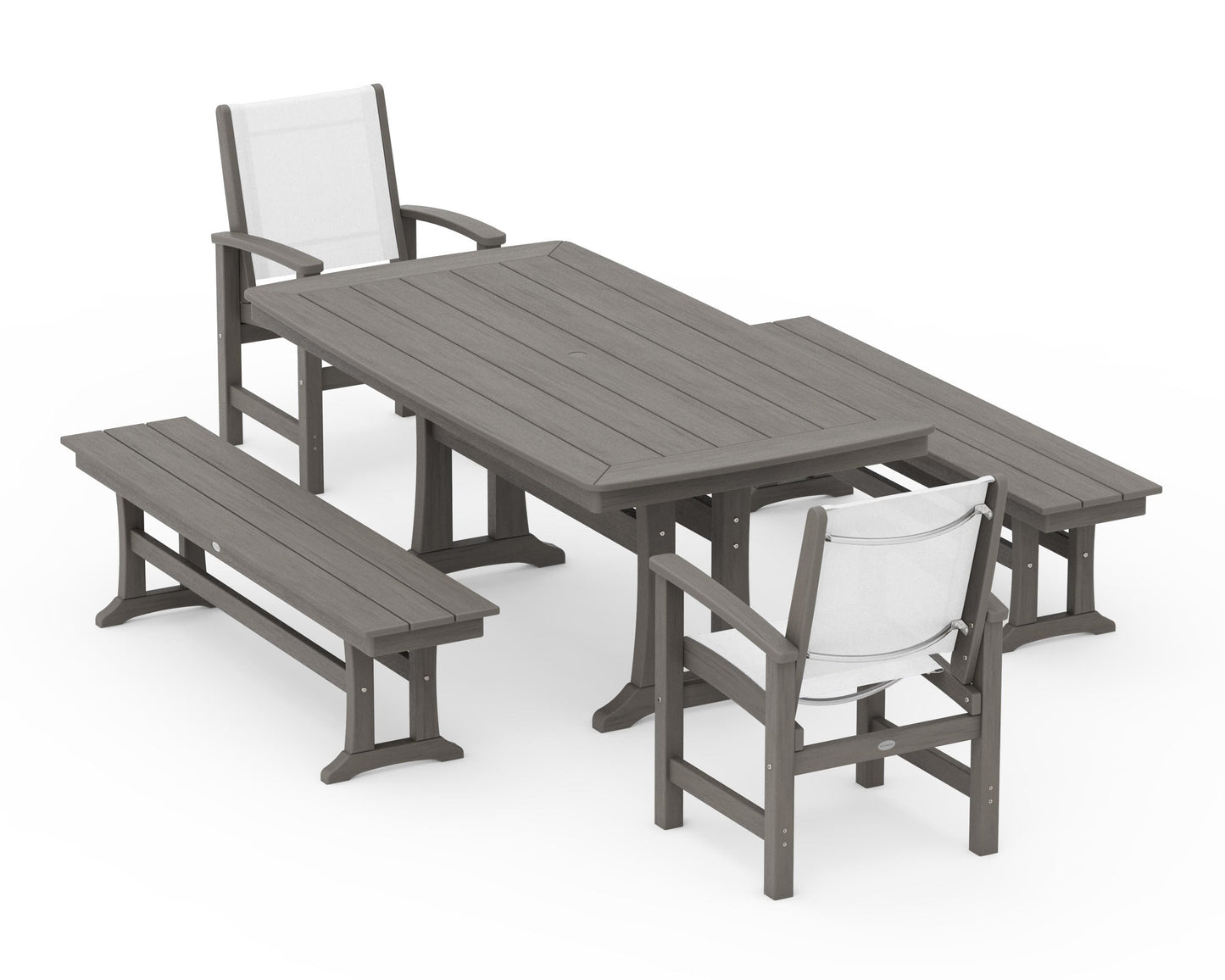 Coastal 5-Piece Dining Set with Trestle Legs and Benches