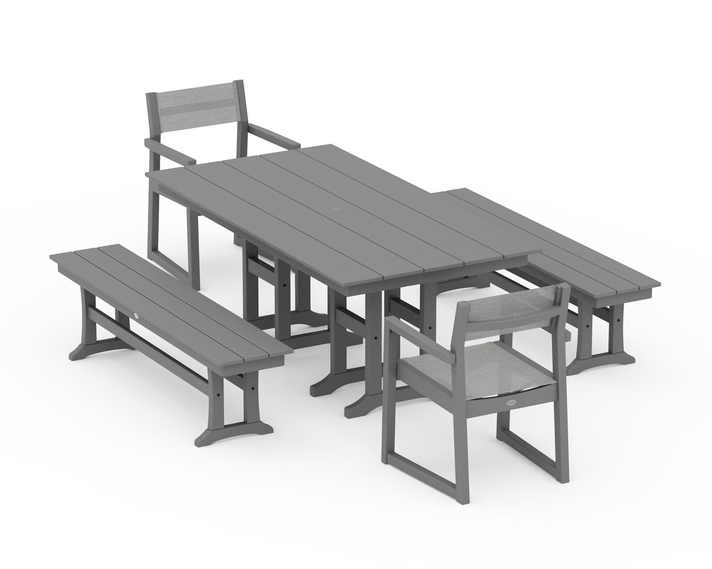 EDGE Sling Arm Chair 5-Piece Farmhouse Dining Set with Benches