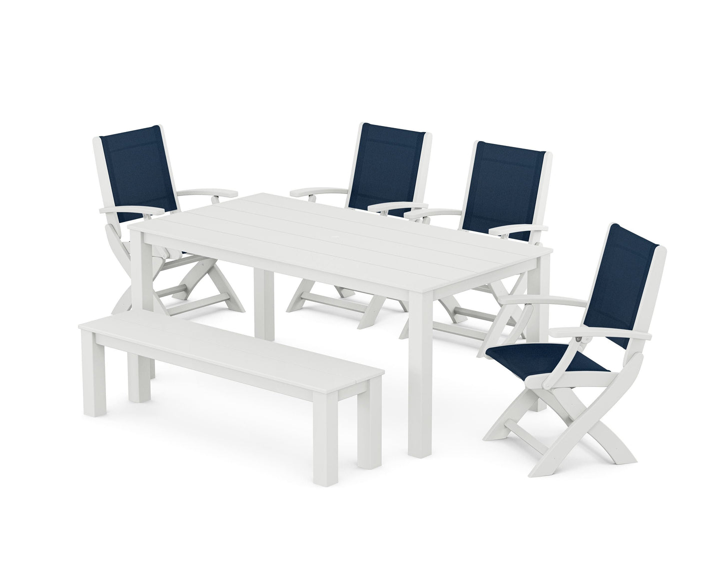 Coastal Folding Chair 6-Piece Parsons Dining Set with Bench