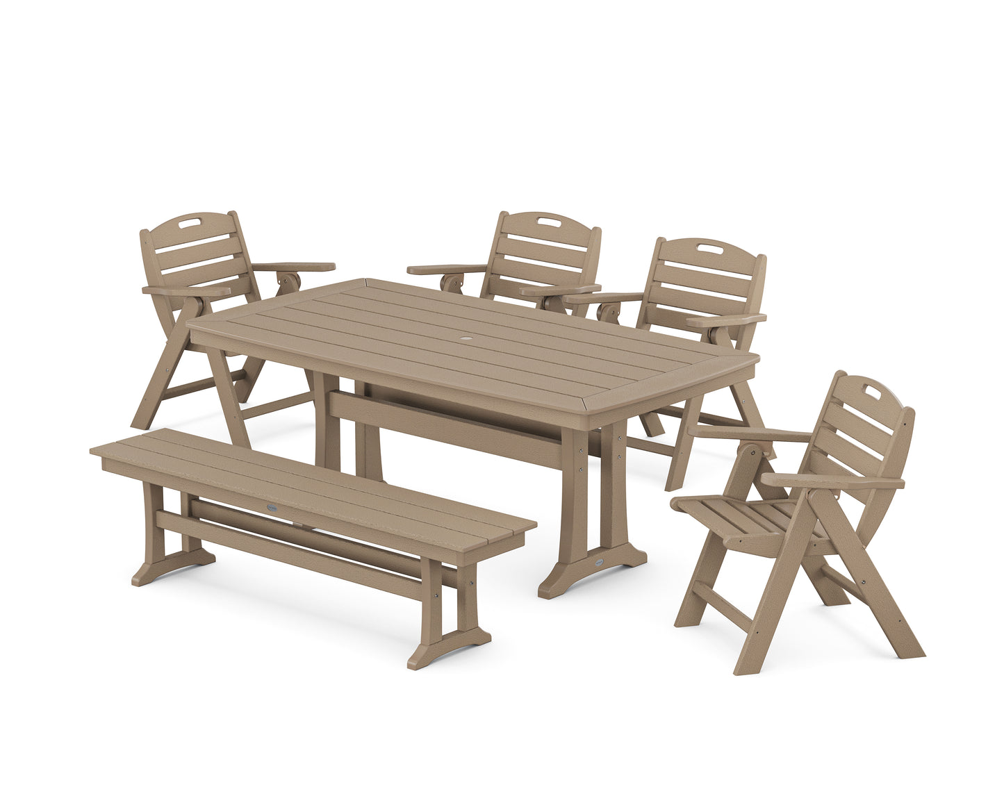Nautical Lowback 6-Piece Dining Set with Trestle Legs and Bench