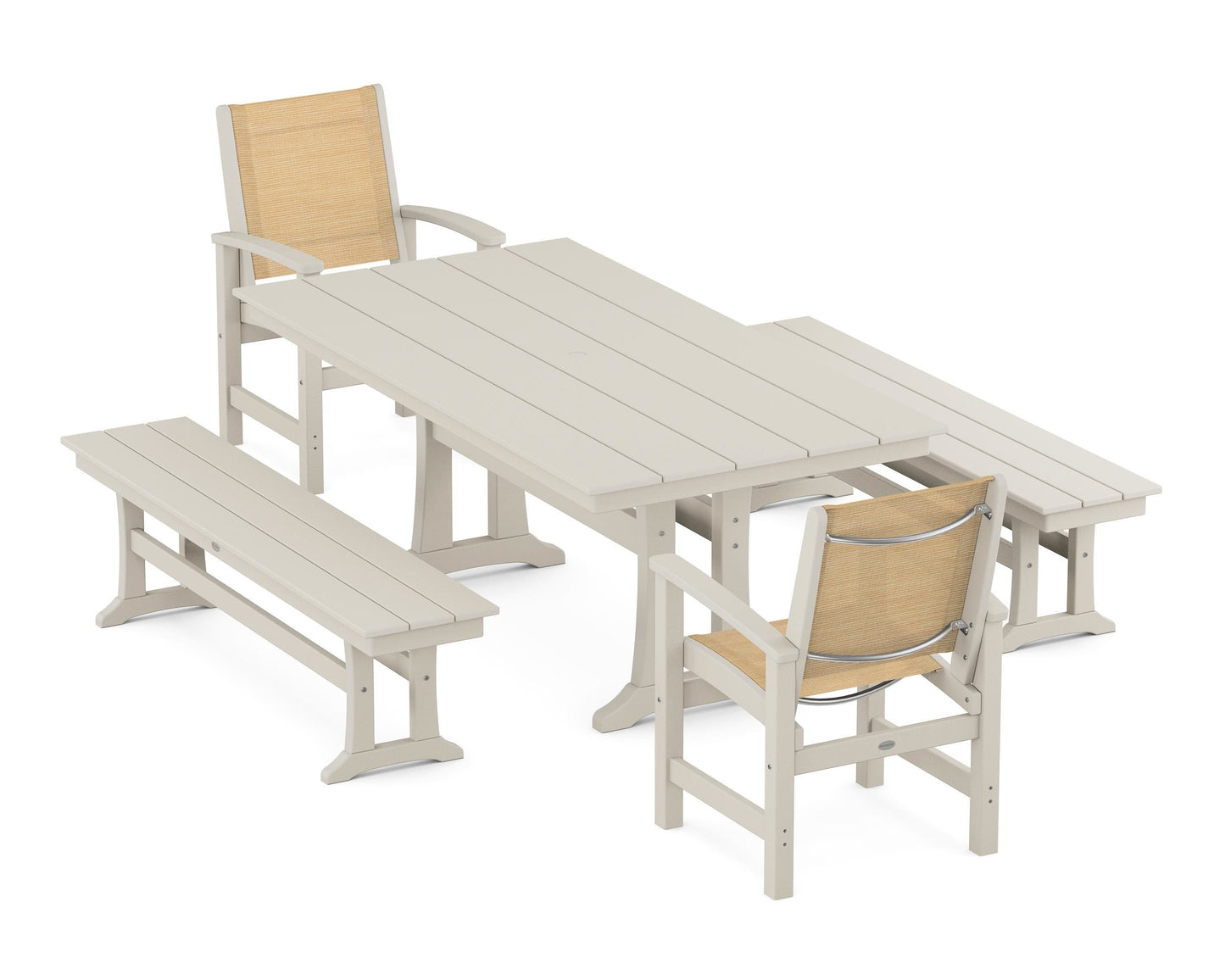 Coastal 5-Piece Farmhouse Dining Set with Trestle Legs and Benches